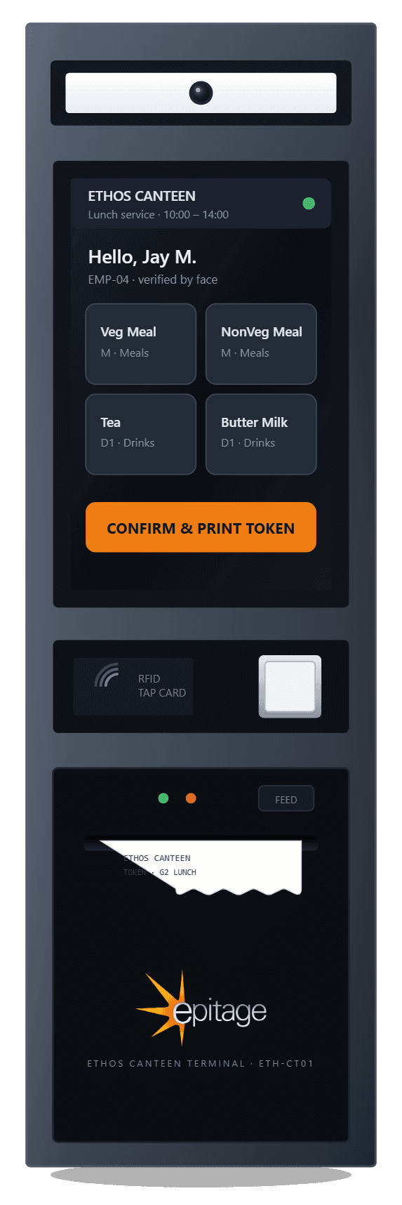 Rendered front view of the ETH-CT01 canteen terminal: camera bar, touch display with the lunch-service menu, RFID and fingerprint panel, and the 58 mm thermal token printer with Epitage branding